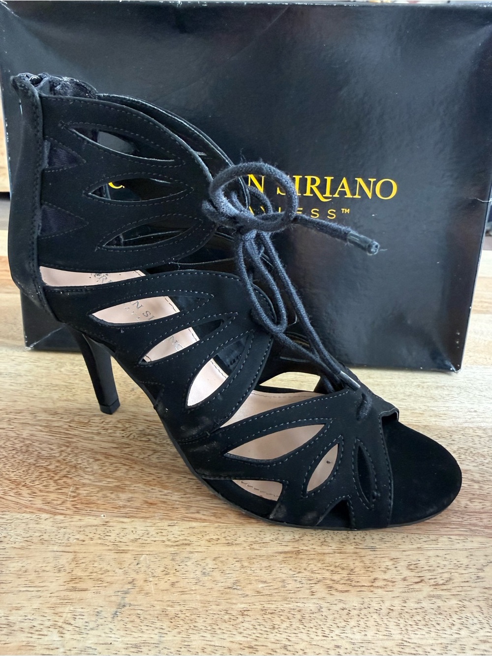 Christian Siriano Black Cutout Lace-Up Stiletto Sandal
